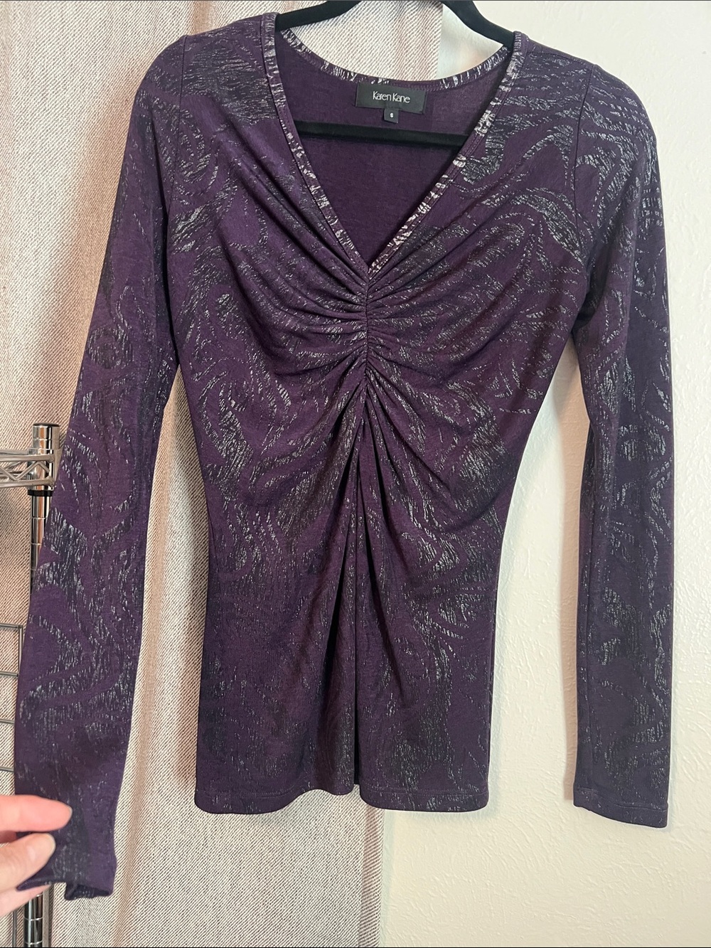 Karen Kane Metallic-Accent Plum Ruched V-Neck Long Sleeve Top